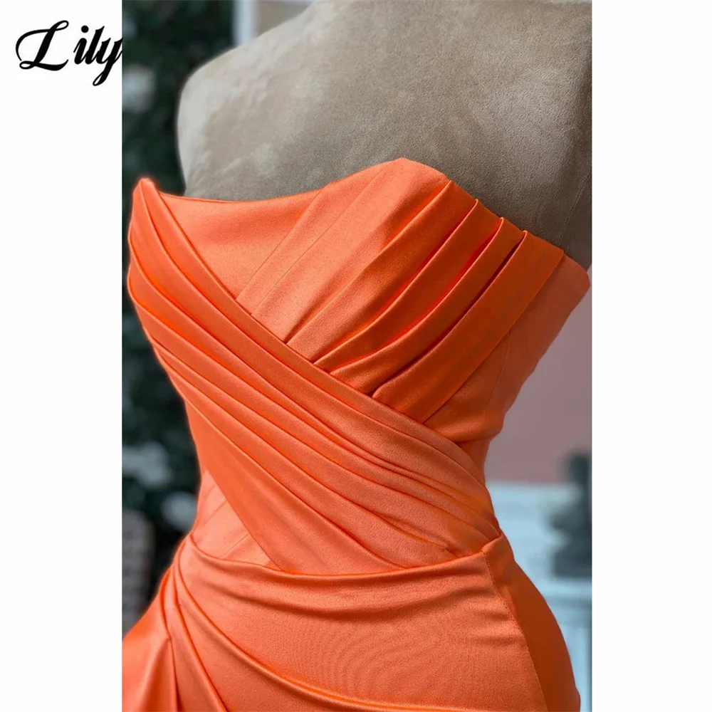 Lilie orange Ballkleid plissiert träger los ärmelloses Abendkleid Meerjungfrau Satin Party kleid sexy Seite hoch gespaltene Robe de Soirée