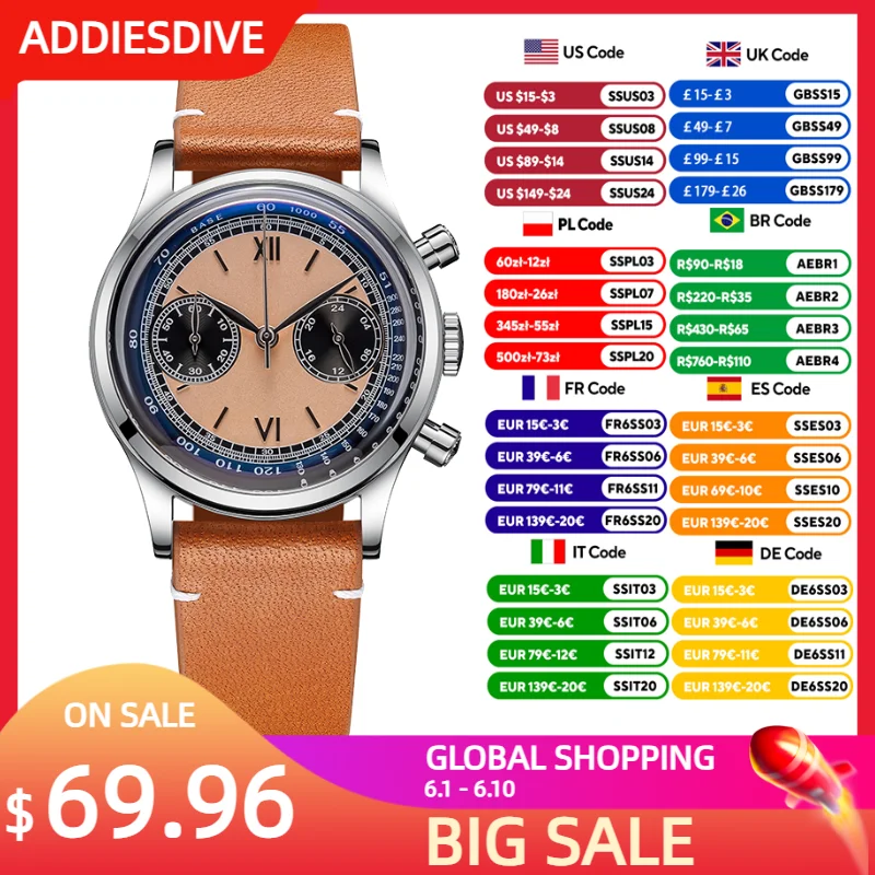 ADDIESDIVE 38mm VK64 Men‘s Watch Quartz Chronograph Watch 316L Stainless Steel 100m Waterproof Wristwatch Bubble Dome Glass