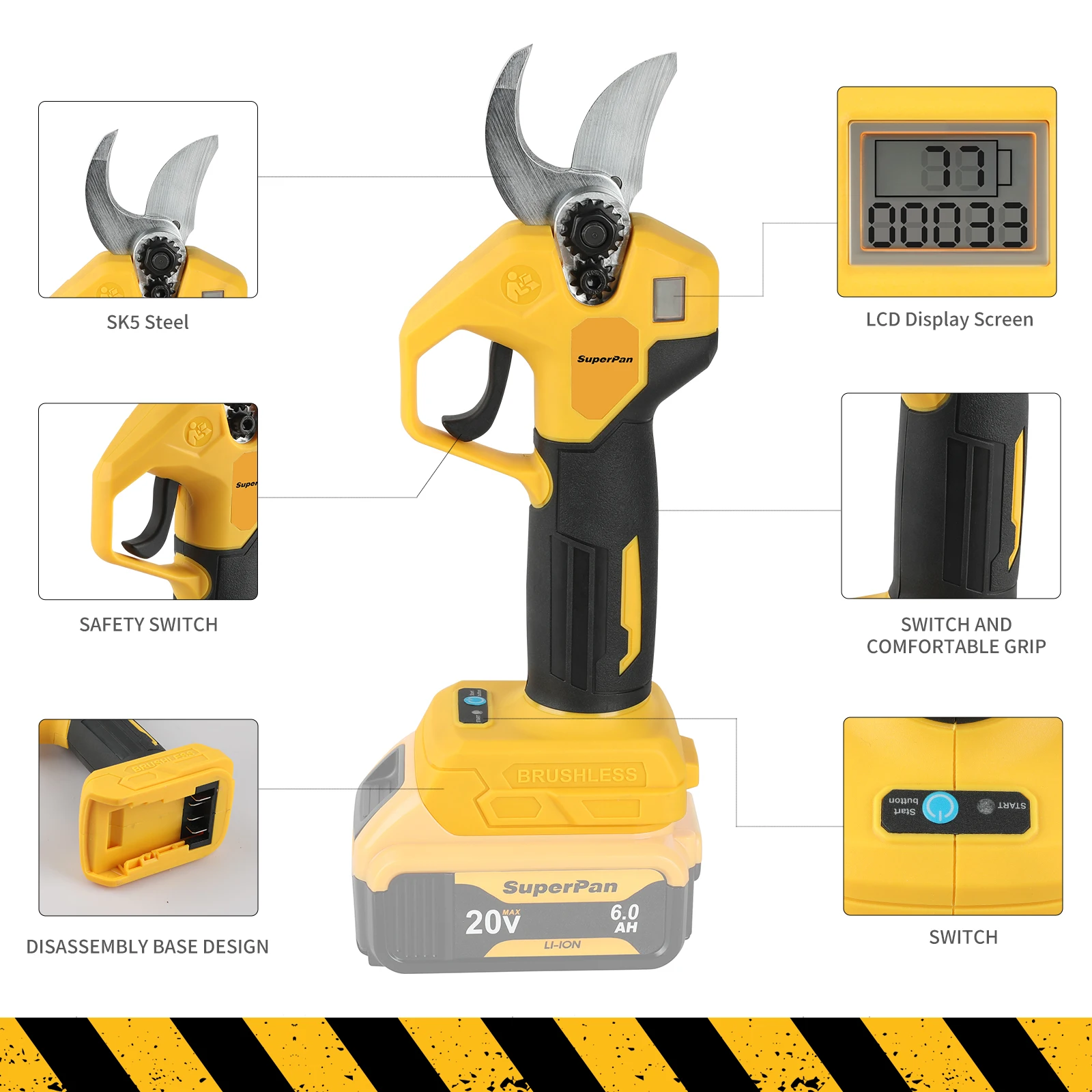 

High-Efficiency Superpan Brushless Pruning Shears - Cordless Fruit Tree Pruner with LED Screen for DeWalt 18V Battery specs