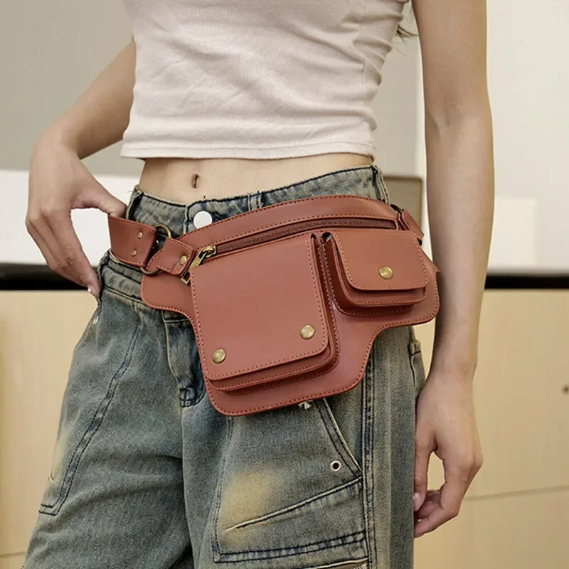 

Retro Medieval Pu Leather Waist Bag Punk Motorcycle Style Adjustable Belt Outdoor Casual Pouch with Storage Pockets