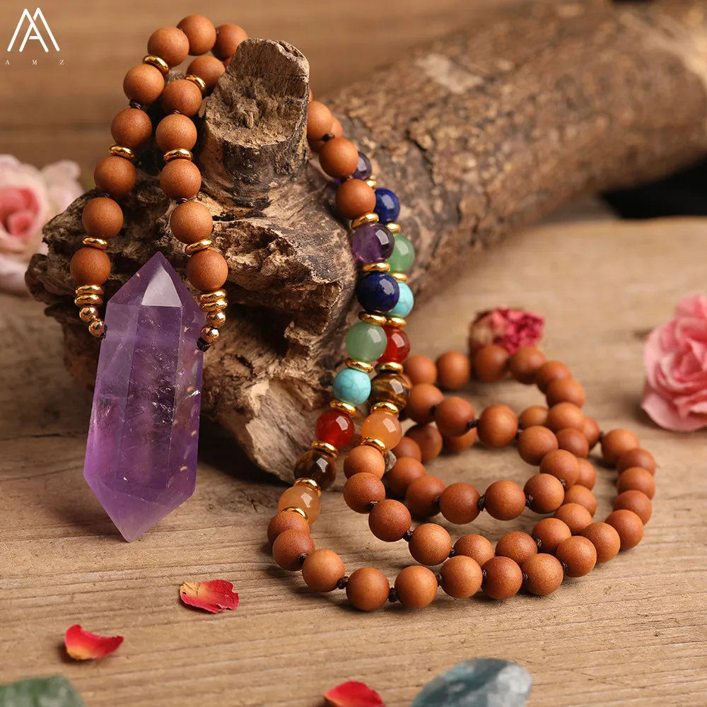 Natürliche Quarz Kristall 7 Chakra Reiki Perlen Handgemachte Halskette Runde Duftenden Sandelholz Perlen Knoten Halskette Schmuck Für Frauen – Detail 5