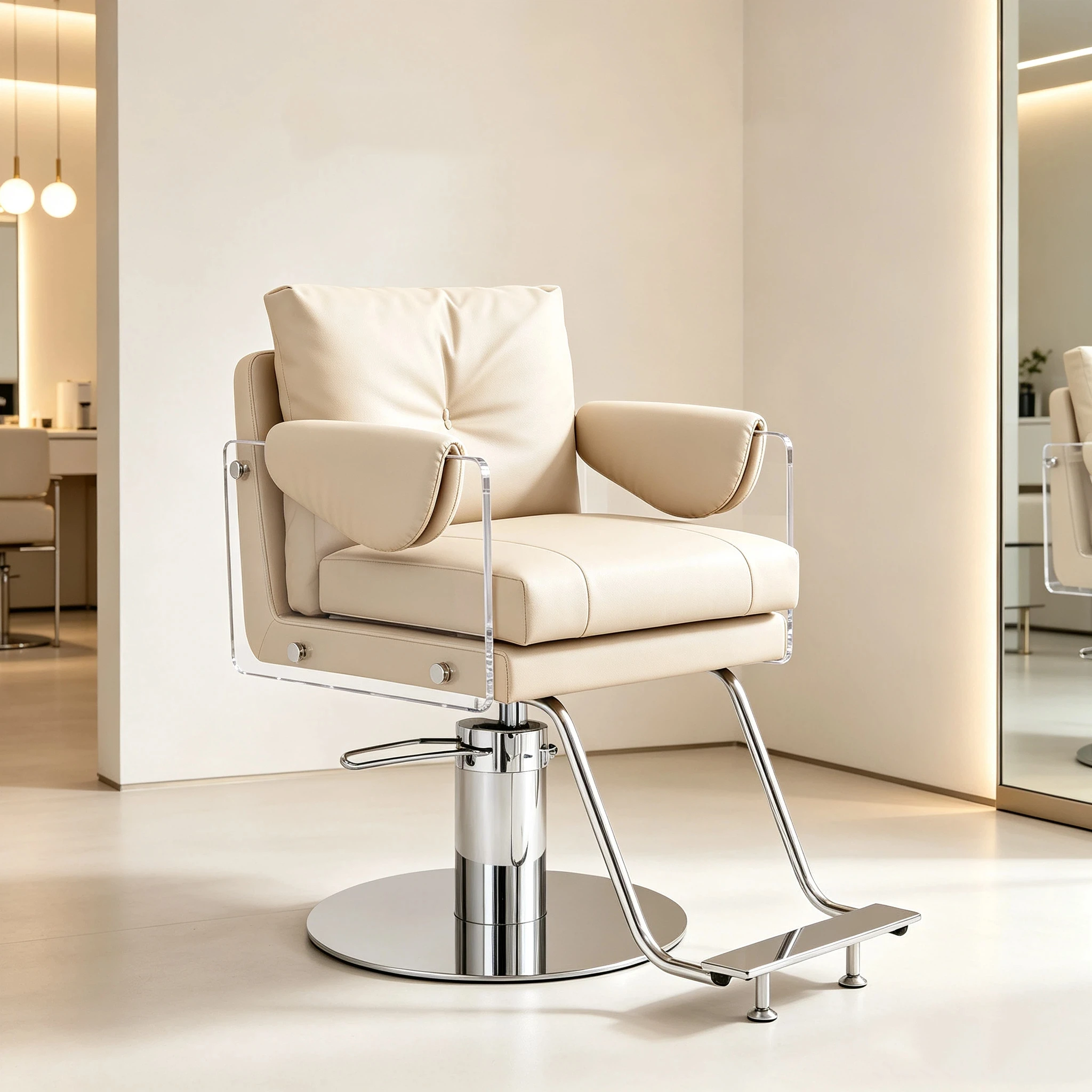 Transparent acrylic armrest Hydraulic hairdressing chair Soft bag Backrest PU leather hairdressing chair with chrome pedal
