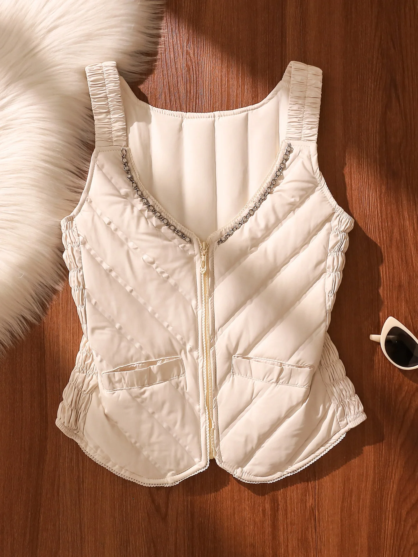 

Женский приталенный пуховый жилет, легкая модная верхняя одежда, осенне-зимняя молния, полиэфирное волокно, длина V-Ne ort