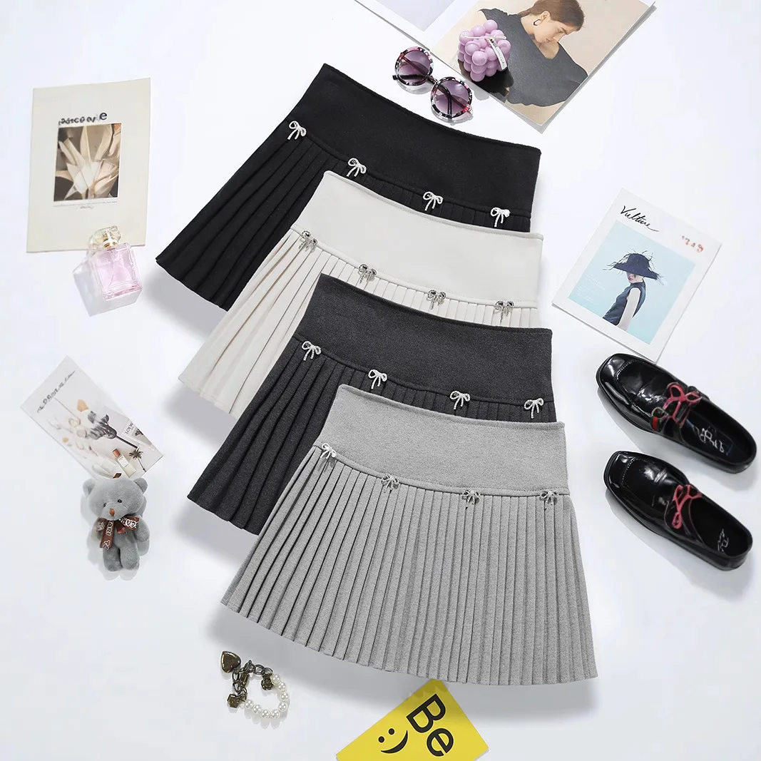 Diamond 3d Bow Woolen Skirt Women Design Sense Anti-light High Waist Pleated Skirt