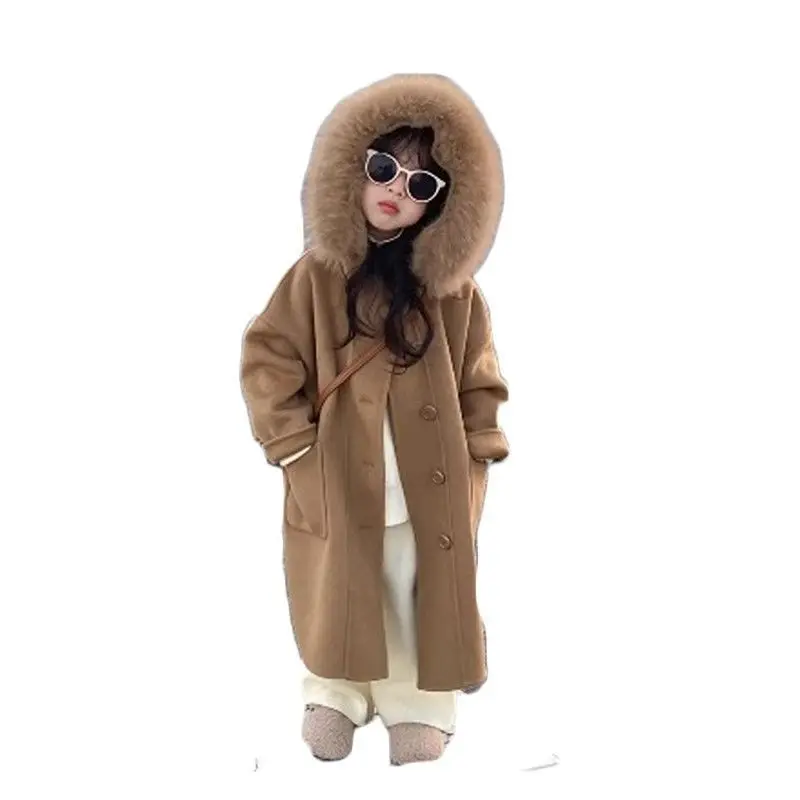 Korean girls' woolen coat 2025 autumn and winter new style children's stylish big fur collar hooded jacket