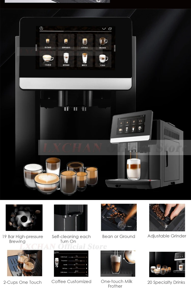 LXCHAN S9 One Touch Automatic Coffee Maker 19Bar ULKA Pump Make 20+ Beverages Fancy Coffee Machine Latte Espresso Restreto