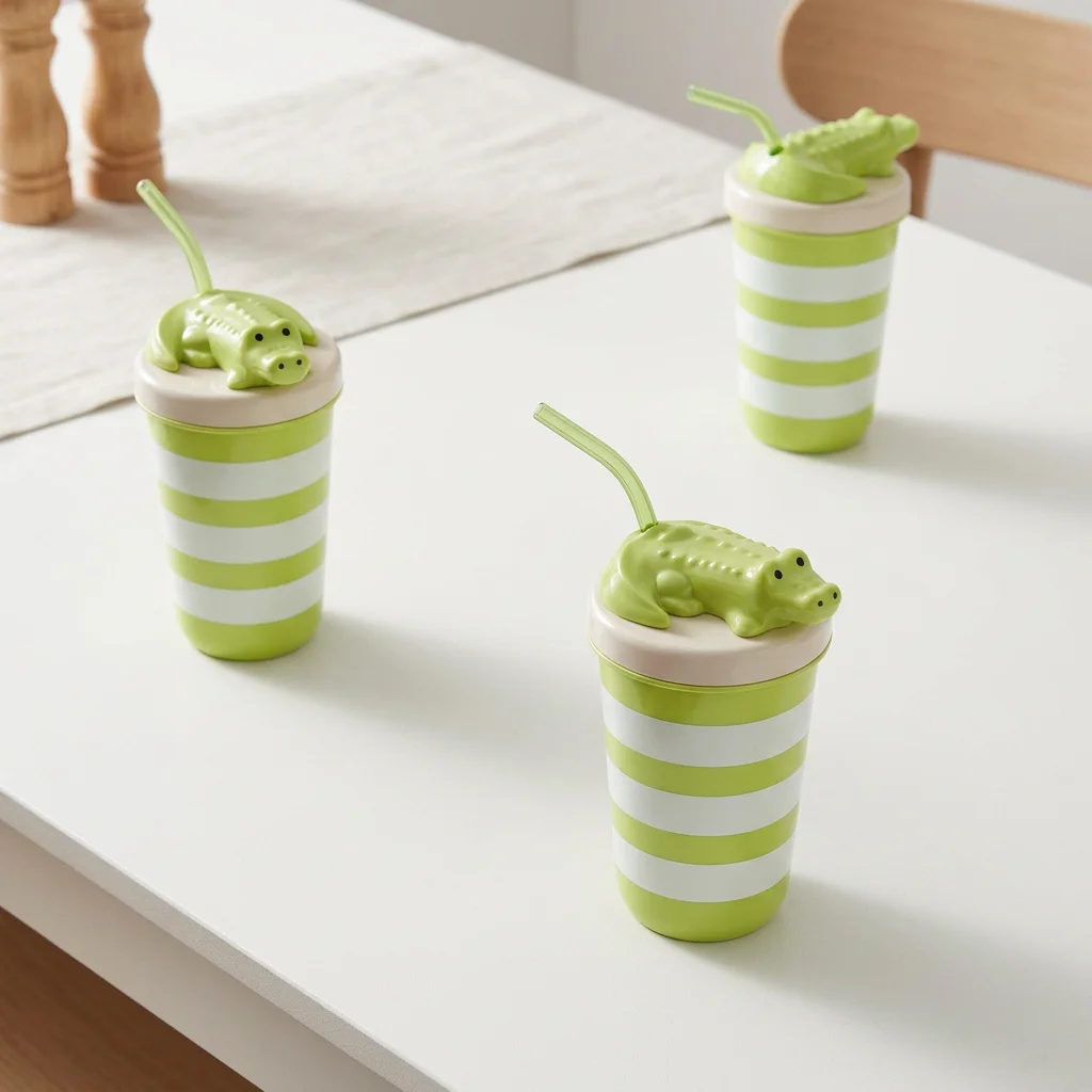 Nuevo Vaso de Plástico con Diseño de Cocodrilo a Rayas Verdes de 16 oz (2026) con Pajita y Tapa a Juego, Bonito Estampado de Cocodrilo de Dibujos Animados, Taza Portátil para Bebidas Frías, Ideal para Verano, Playa, Uso Diario al Aire Libre, Fácil de Limpiar con un Lavado a Mano.