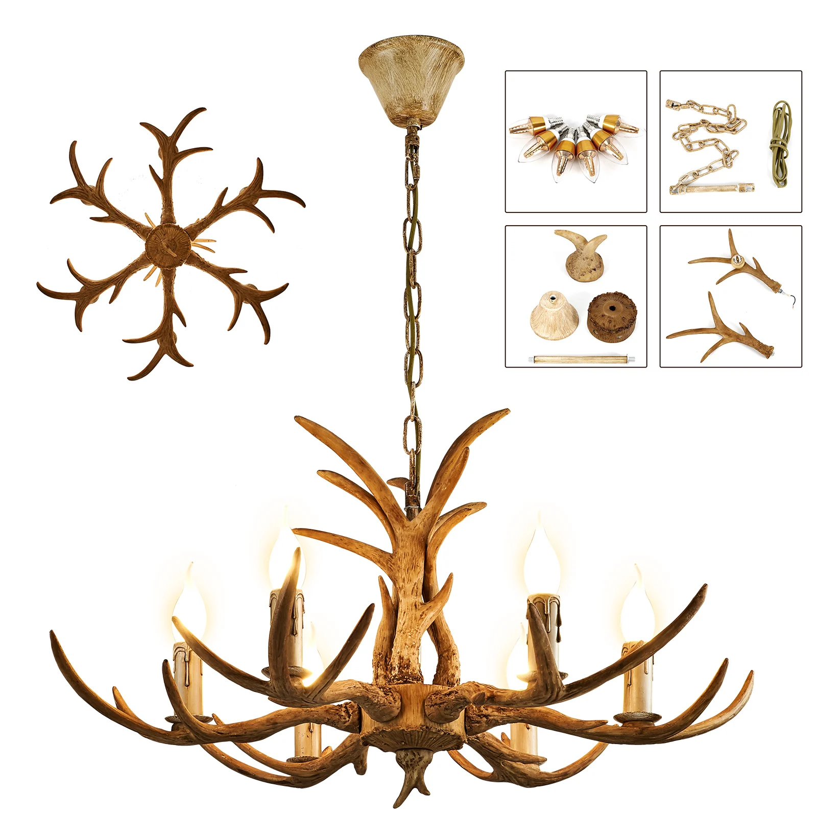 Lampadario vintage con corna, lampada con cervo in resina, lampada a sospensione sospesa per montaggio a soffitto per Nature Vibe (6 luci, marrone)