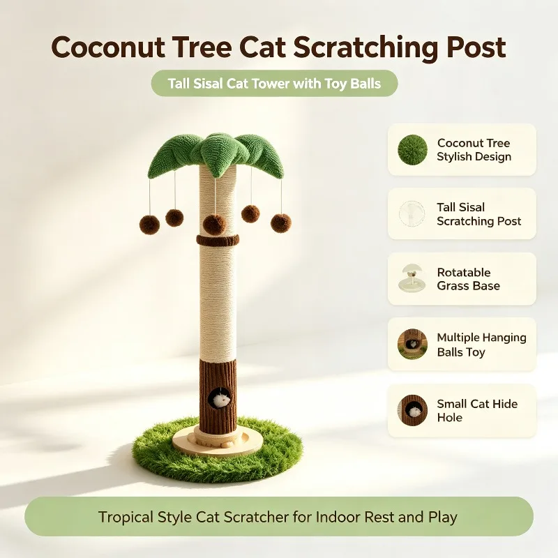 Coconut‑Tree Shaped Cat Tree,Durable Sisal VerticalScratching Post Scratcher Board Pet Climbing Toy ForIndoor Adult Cat Activity