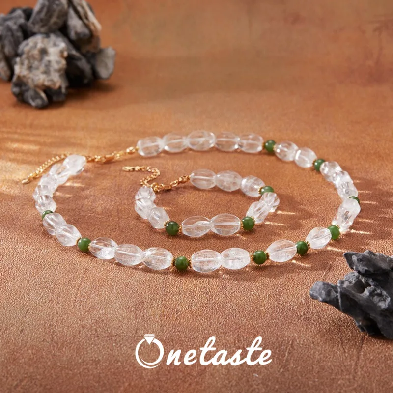 

White Crystal Green Jasper 925 Silver Beaded Strand Jewelry Set With Rosary Necklace And Bracelet Women Dainty Chunky Stack Gift