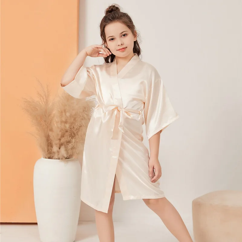 Children Satin Bathrobe for Girls Soft Silk Like Sleepwear Kids Kimono Robe for Spa Birthday Party Home Wear 3-13 Years