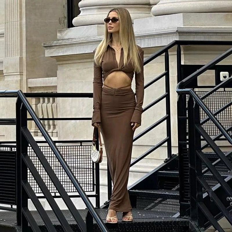 Elegante Damen 2 Stück Outfit Set Langarm Top und Maxirock setzt Mode Urlaub Outfits für Frauen 2024