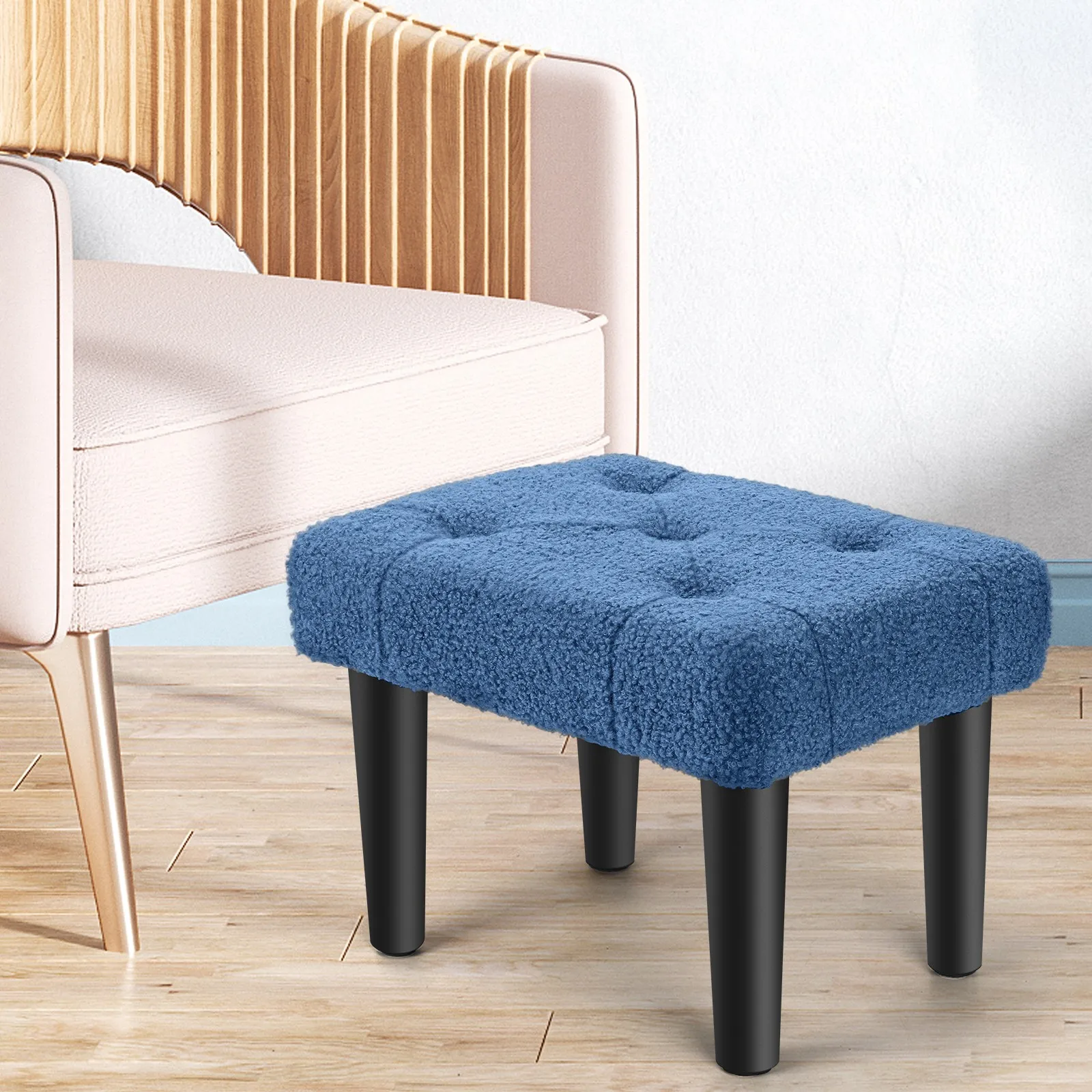 

Small Foot Stool Ottoman, Footstool with Legs, Teddy Velvet Foot Rest, Blue