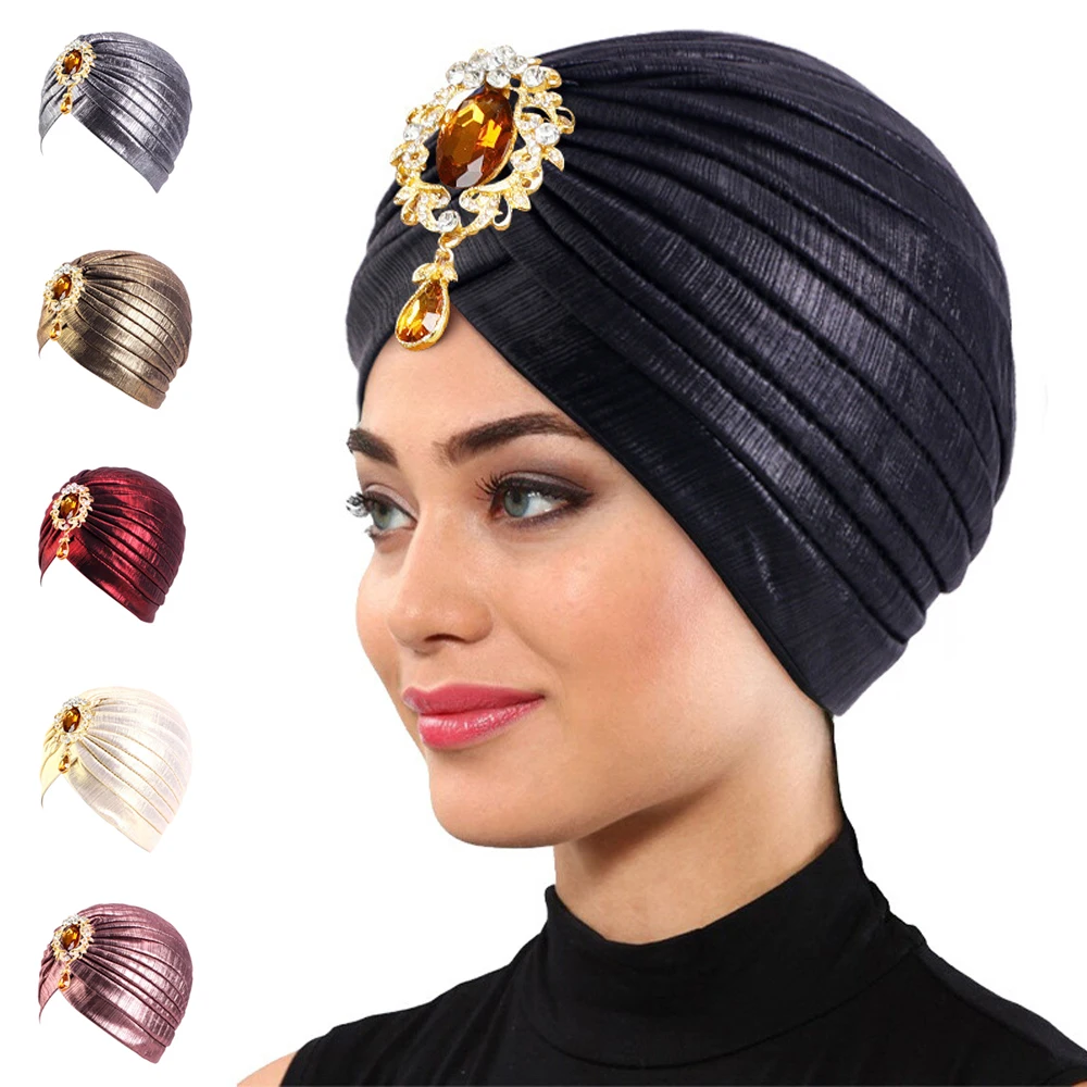 New Women Rhinestones Turban Hat Muslim Hijab African Pleated Hijab Head Wraps Bandana Headscarf Chemo Cancer Cap Beanie Bonnnet