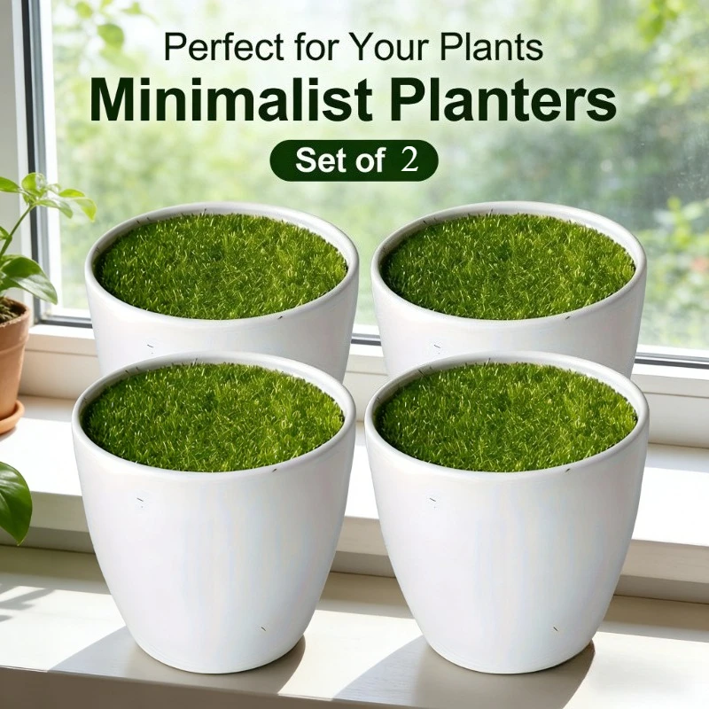 2-teilige moderne weiße Blumentöpfe aus Kunststoff mit üppigem Kunstrasen – multifunktionale Innendekoration für den Innen- und Außenbereich