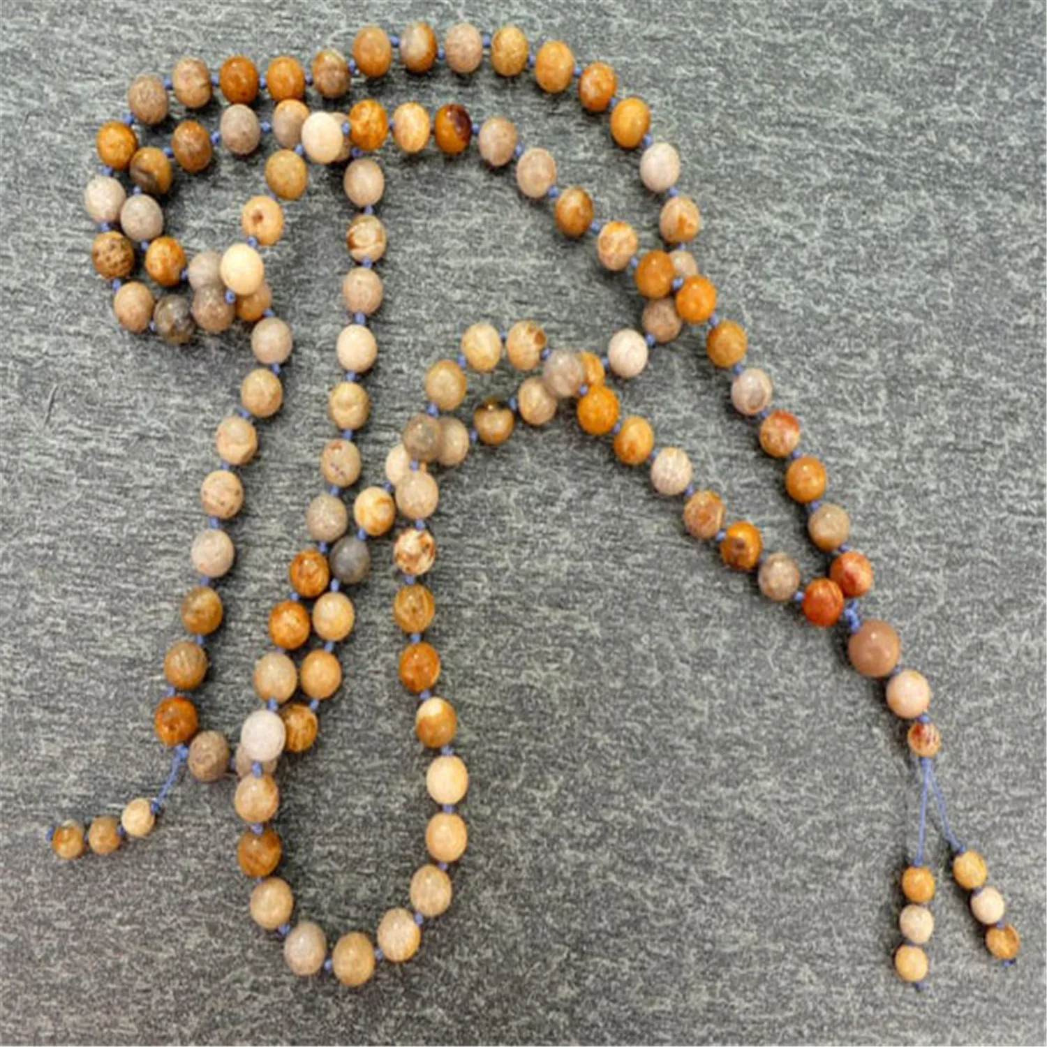 8mm Fashion Natural Fossil Coral 108 Beads Tassels Necklace Bohemian Prayer Unisex Tranquility Hipster Mala