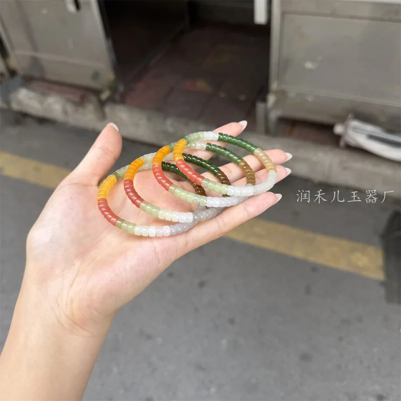 ‑Bottom Hetian Multi‑Gem Bracelet, 4*6 Mm, Paired With Nan Hong , Greenish‑Blue Jade,‑Colored Quar