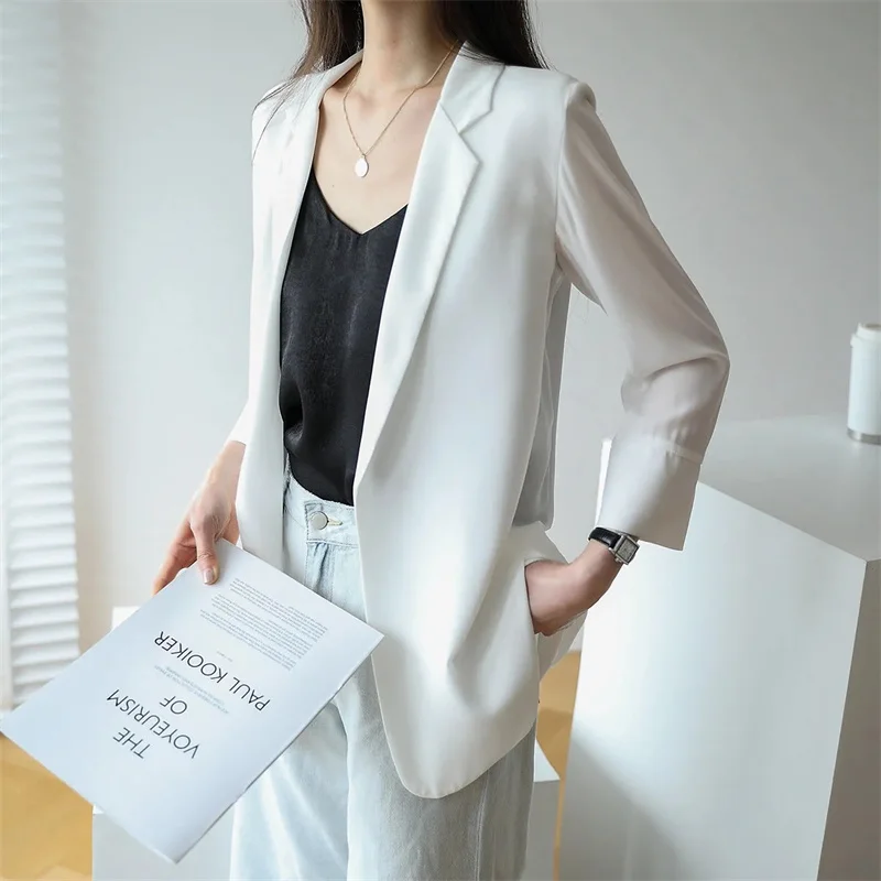 Chiffon Suit Coat Women\'s 2023 Summer New Korean Loose White Thin Mid-length Three Quarter Sleeve Sunscreen Shirt Women Blazer