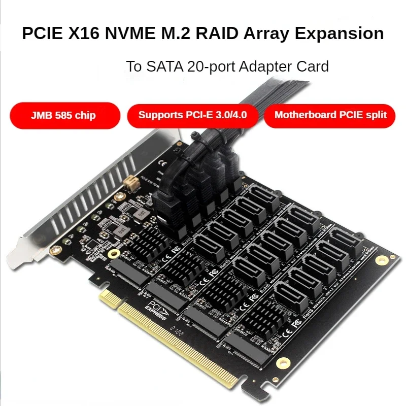 JMB585 PCI-E X16 Signal Split Array Card M.2 NVME 4 x Disks RAID Card Expansion PCIe 16x To SATA 20 Ports Extension Adapter Card