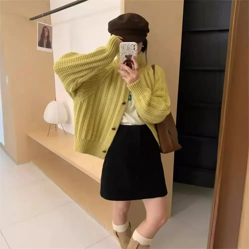 Vintage Stand Collar Sweater for Women 2024 Autumn and Winter Korean Simple Senior Sense of Loose Lazy Wind Knit Cardigan Coat