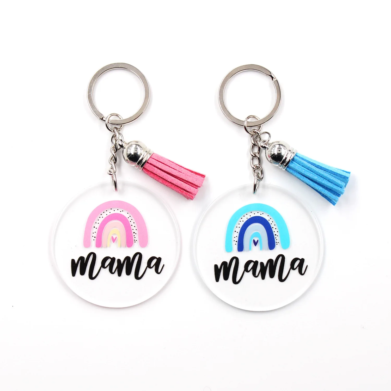 Porte-clés rond imprimé acrylique pour maman, arc-en-ciel, pour la fête des mères, pompon Boho, bijoux cadeaux pour femmes, vente en gros, 10 pièces/lot