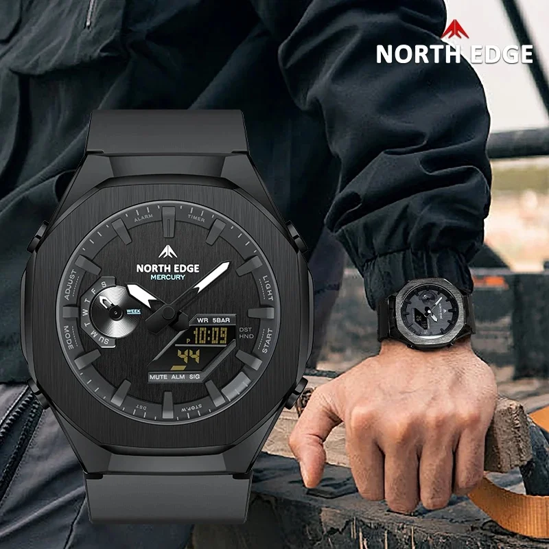 NORTH EDGE MERCURY Men's Military Watch Digital Sports Watches World Time LED Wristwatch Man Waterproof 50M