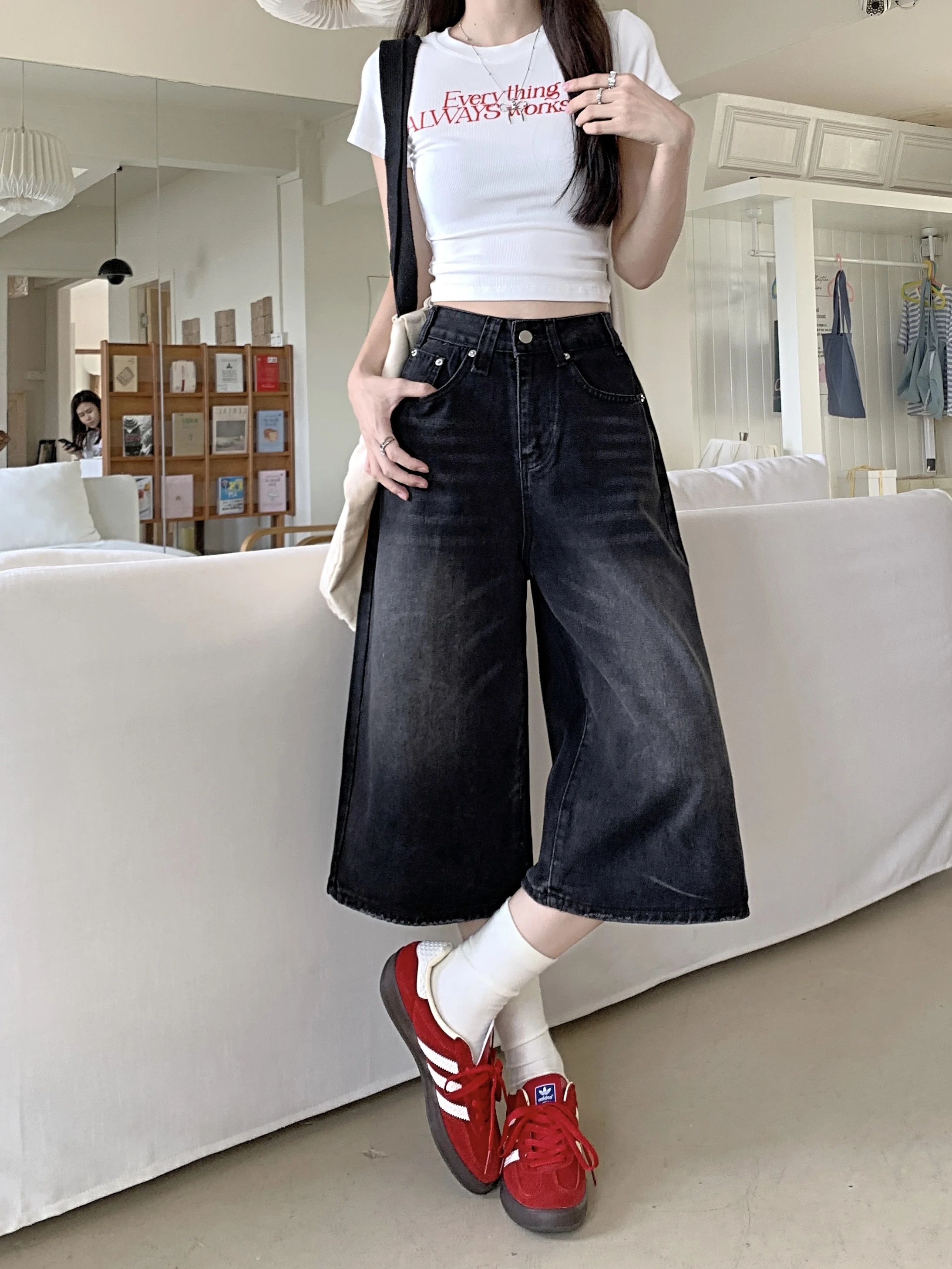 

American Sle Loose Fit Straight Leg Jeans orts Women Summer Hot Girl plus Size Wide Leg Pants High Waist Deep Blue