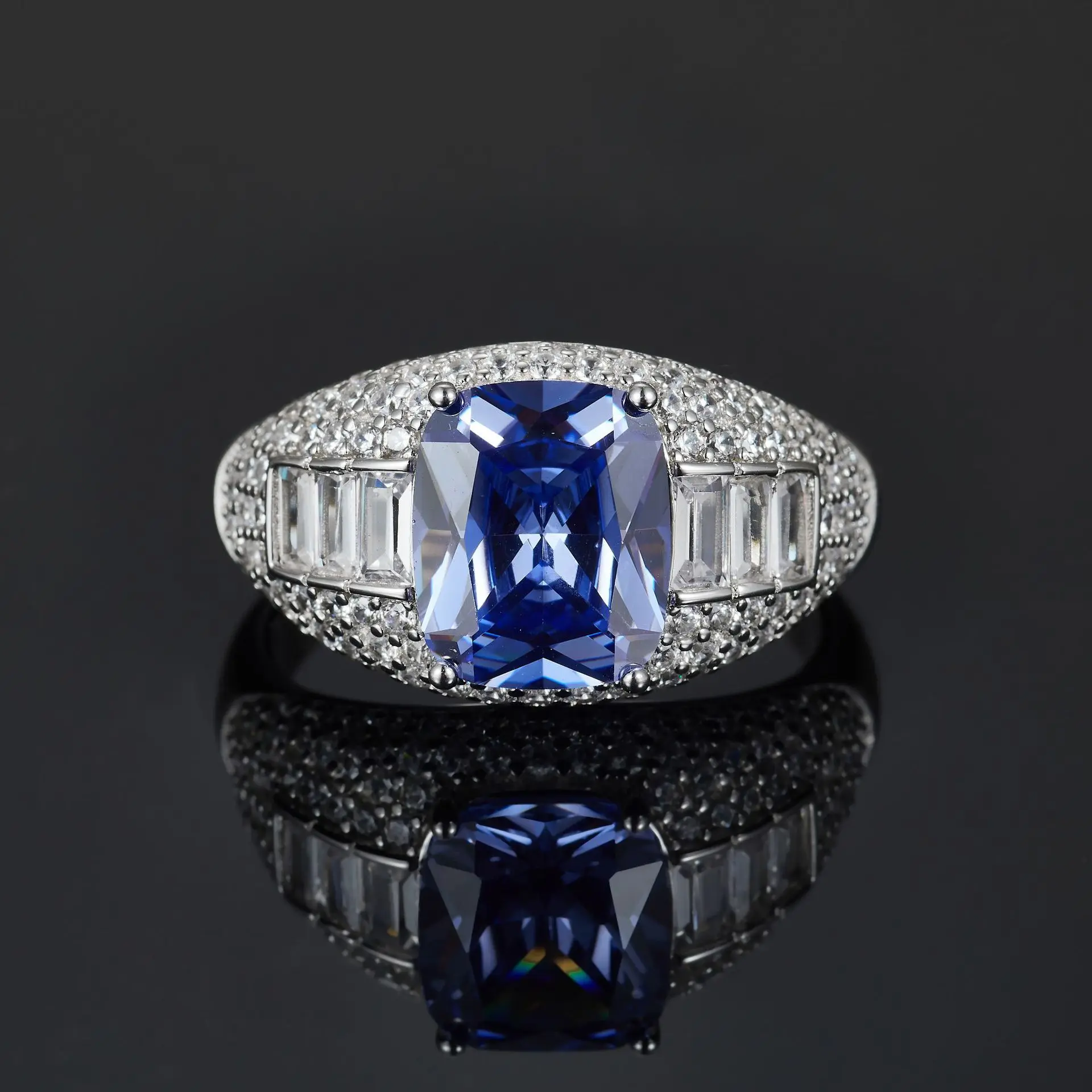 S925 Silver full diamond wide band ring with a sophisticated high-end oval cut cubic bule zircon setting men’s or women's  ring