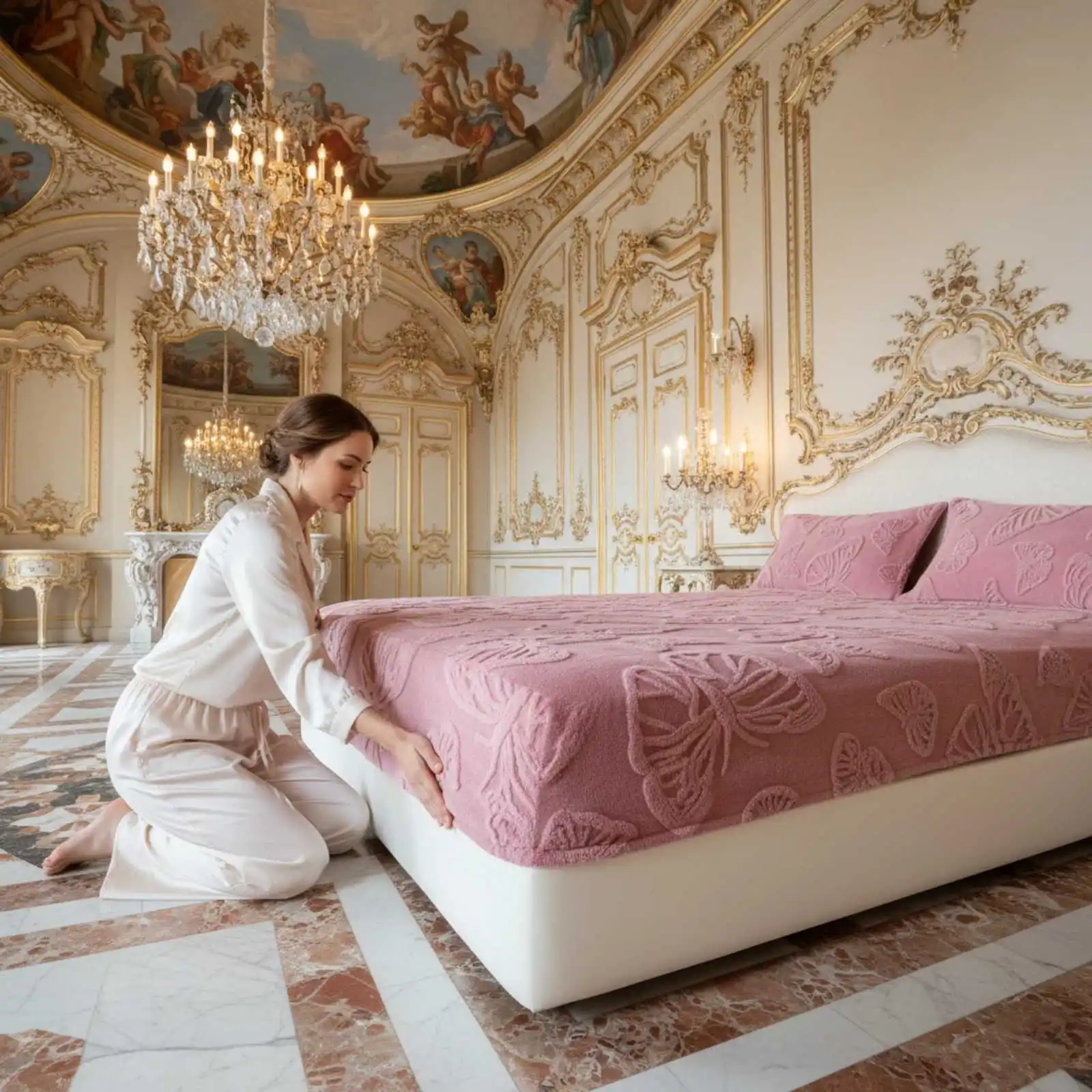Damask Plush Fitted Sheet Queen Size  Baroque Scroll Pattern  Warm Cozy Velvet Feel  Deep Pocket Tight Fit  Machine Washable