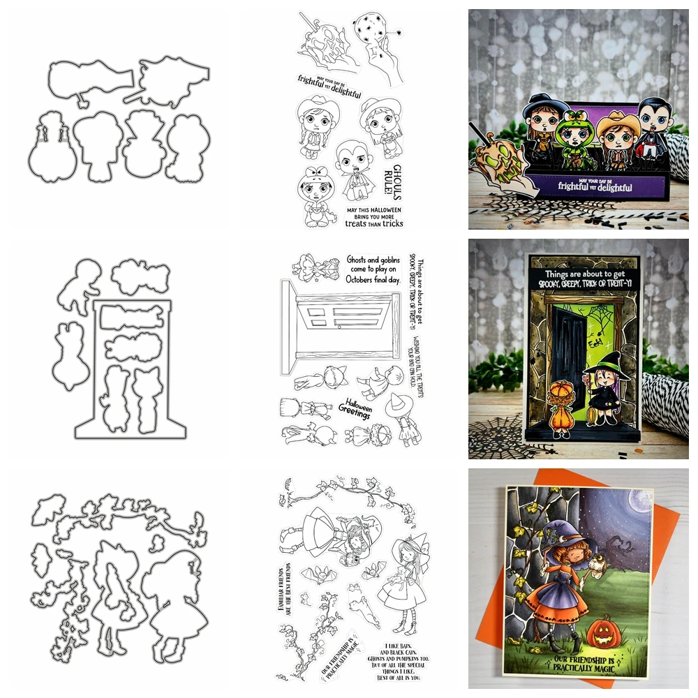 Metall-Stanzformen, kleiner Junge, Mädchen, giftiger Apfel, transparente Stempel, Halloween-Grußkarten für DIY-Scrapbooking, Shaker-Kartenherstellung