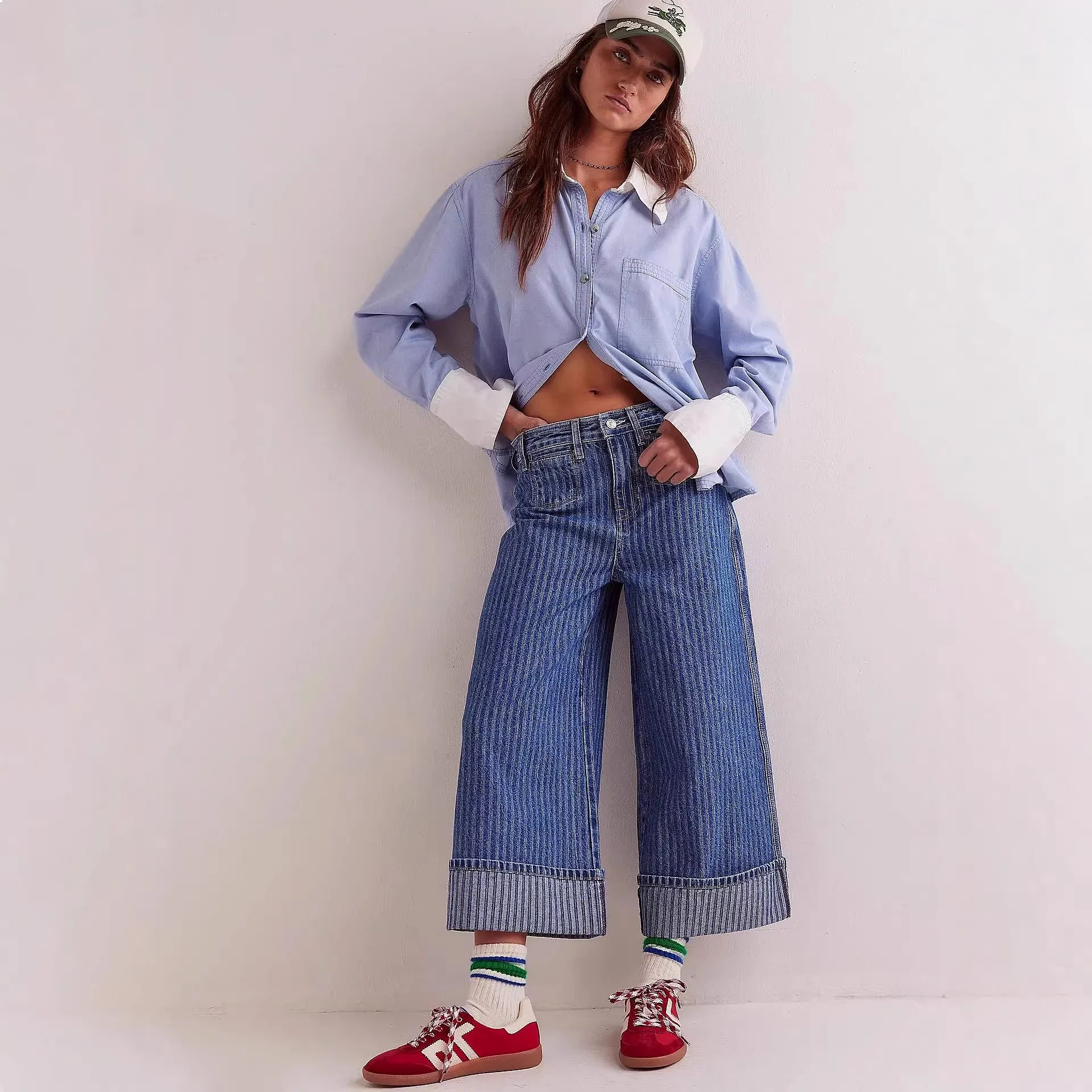European and American cross-border new retro washed old striped thin straight women's jeans