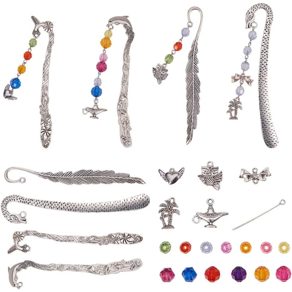 DIY 4 Set Metal Hook Bookmarks Making Kit Include Instruction 4pcs Dolphin Leaf Dragon Bird Bookmark, Assorted Beads, Heart/Tree