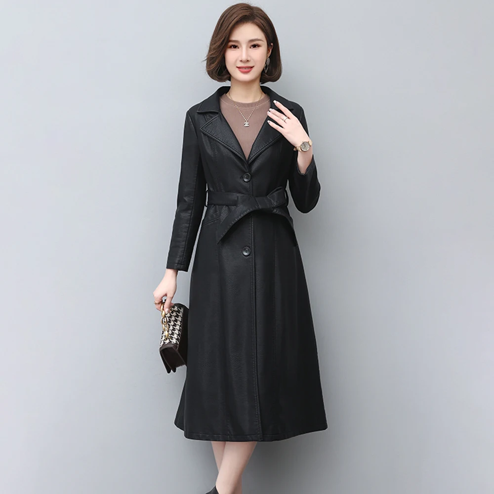 Nouveau Femmes Cuir Trench Coat Printemps Automne Mode Élégant Col de tailleur Slim Long Peau de mouton Vêtements d'extérieur Cuir fendu Hauts Manteau