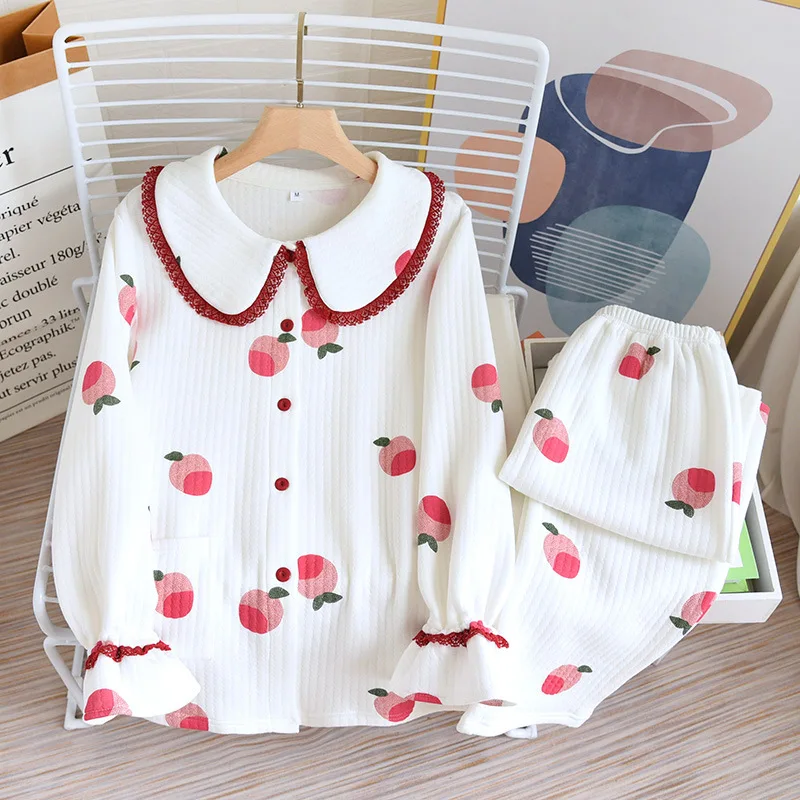 

Casual Doll Collar Printed Long Sleeve Pajamas Suit Autumn Winter Air Cotton Couple Men Women Tops Pants Pajamas Wear