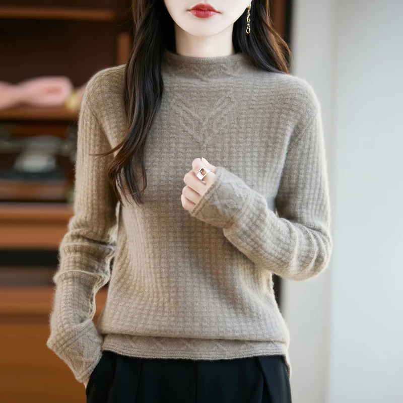 

Autumn Winter Women's Cable Stitch Sweater Jacquard Thick Soft Warm Mock-Neck Pullover 100% Merino Wool Knitwear Female Clothing