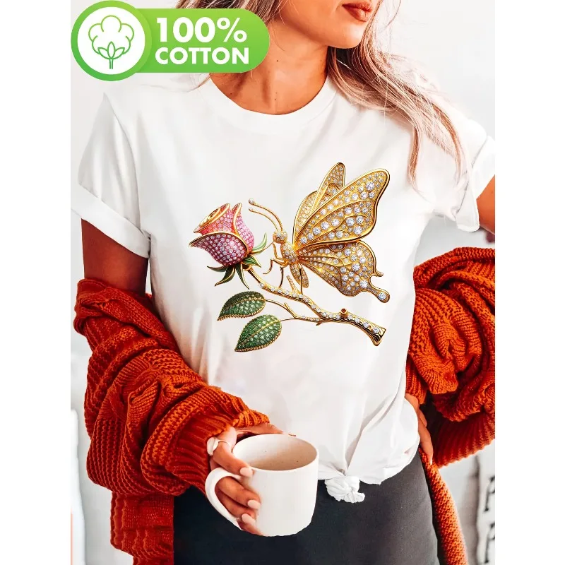 Ladies' Black T-shirt Luxury Diamond Butterfly Rose Flower Print Gold and Pink Embellishment Round Neck Casual Cotton Trendy Top