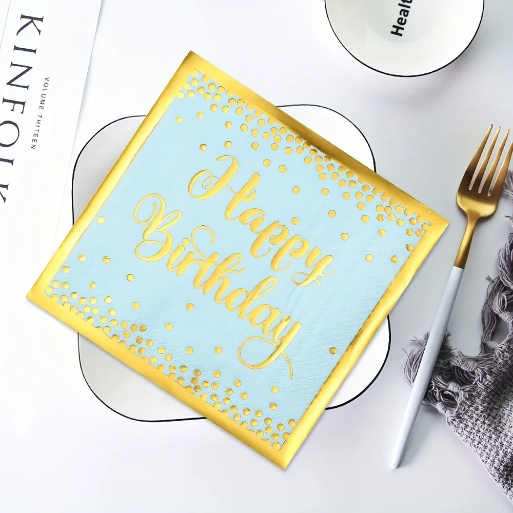 40枚使い捨てナプキンハッピーバースデーゴールドホットスタンピング紙プレースマット誕生日パーティーディナーテーブルレイアウト装飾用