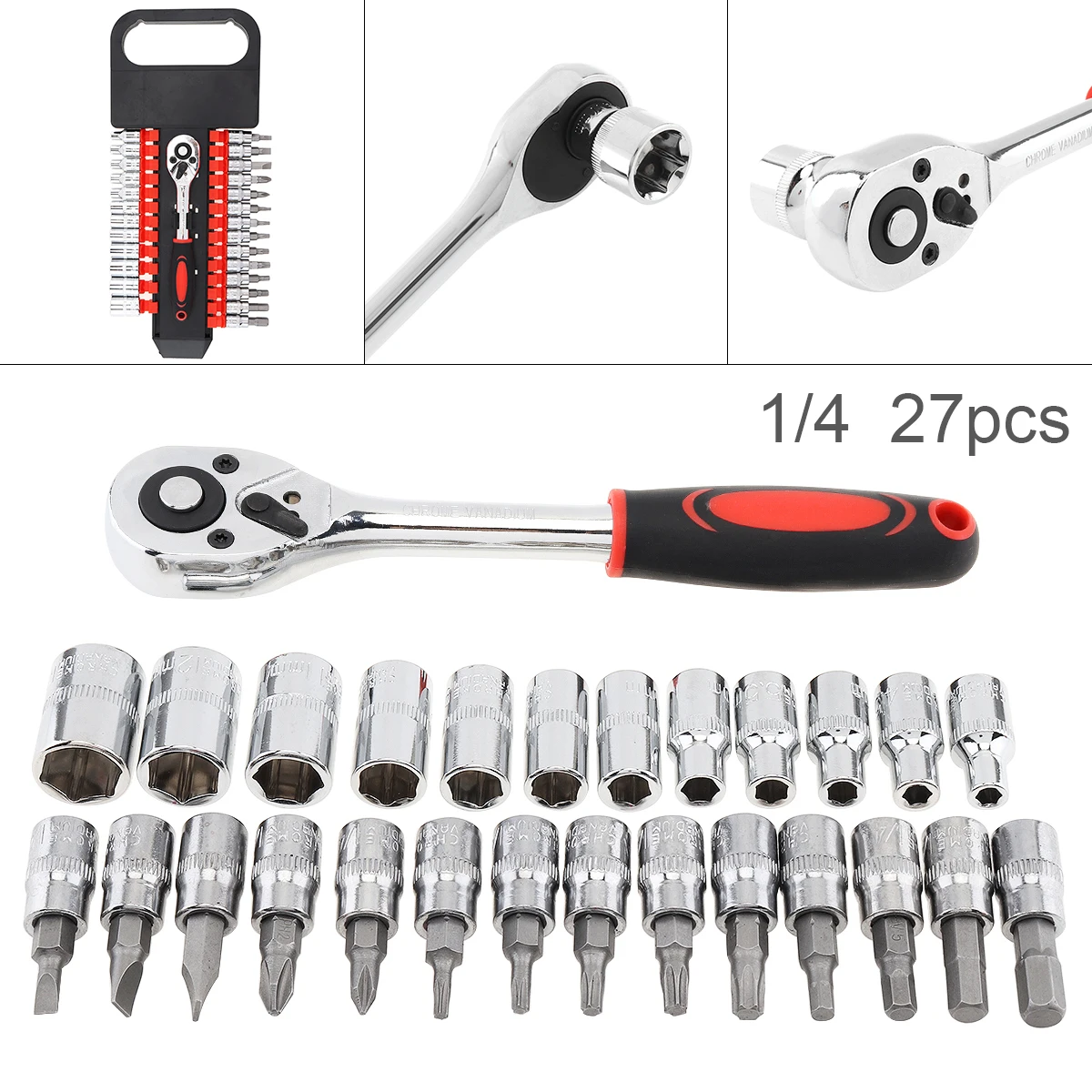 

27pcs/set 55# Steel 1/4 Inch Double Row Ratchet Socket Wrench Set with Ratchet Sockets and Screwdriver Heads for Car Repair