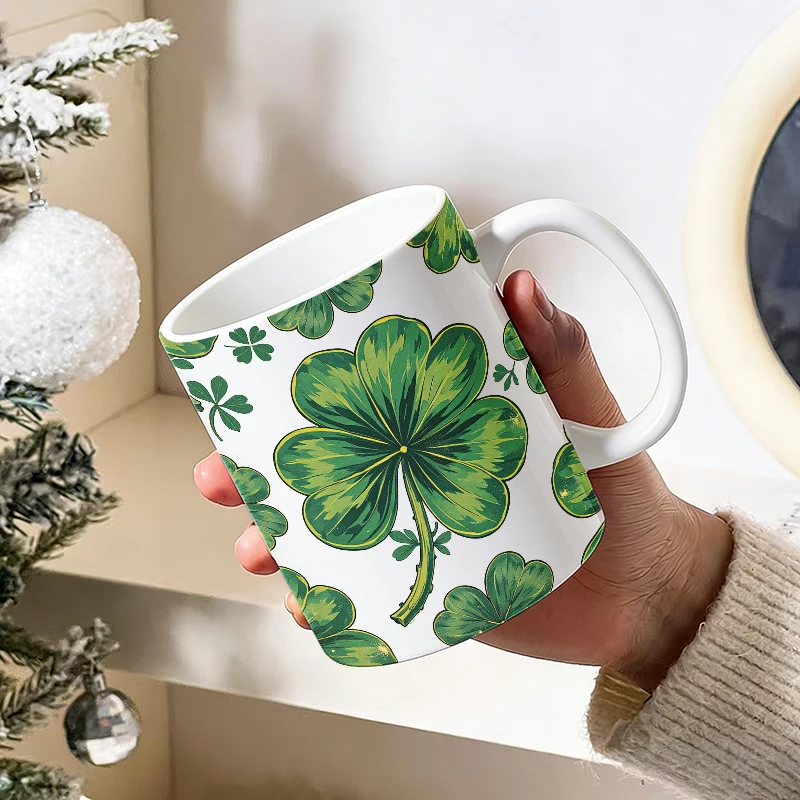 Lucky Four-Leaf Clover Ceramic Mug, Coffee Cup, Milk Cup, Office Tea Cup, Drinking Cup, Fade-Resistant, Gift for Friends
