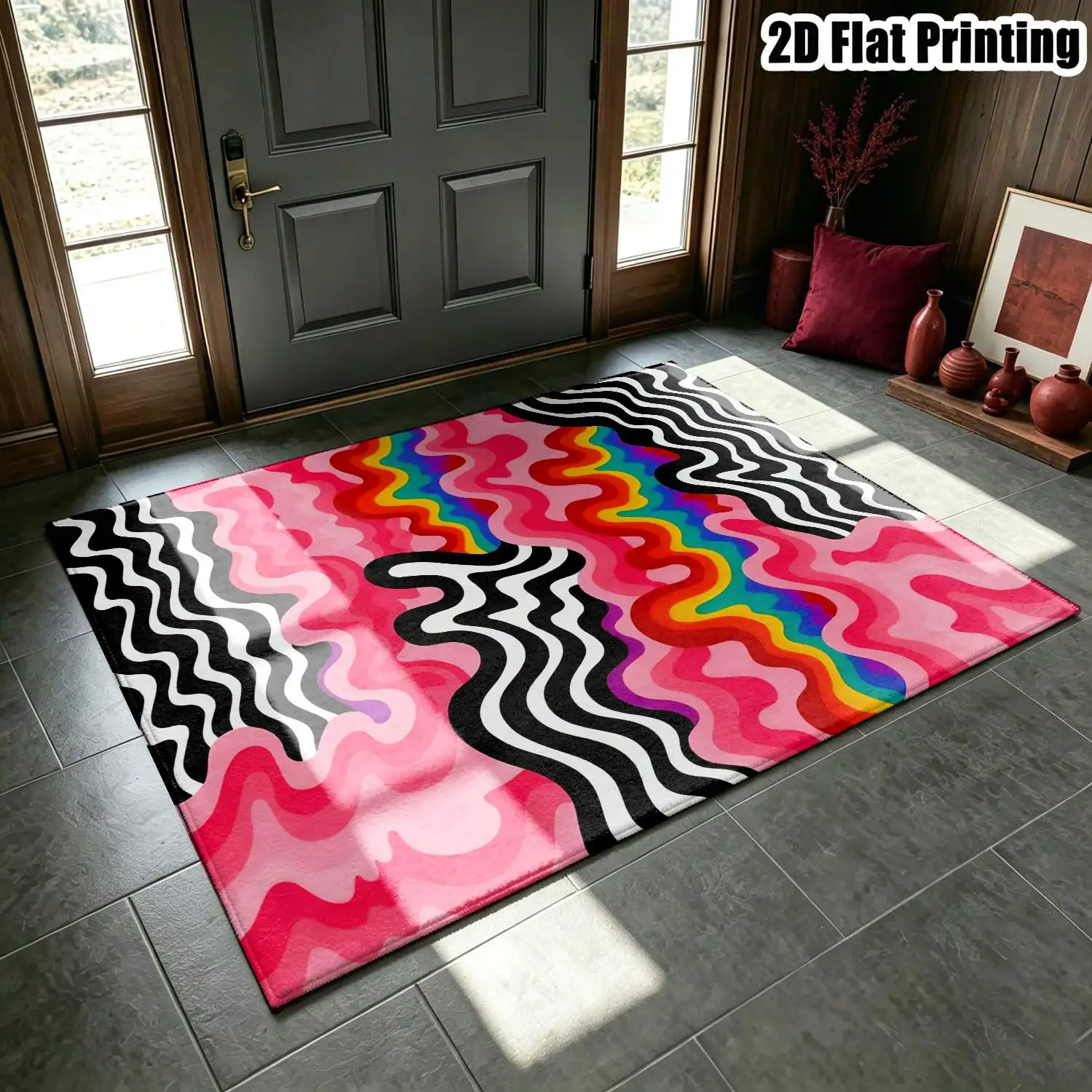 1Pc 2D Printed Carpet: Pink, Black, White Abstract Art Wave Pattern, Nordic/Instagram/Modern Minimalist/Geometric Striped Style, Multi-Size, Machine-Washable, for Entrance, Dining Room, Foyer, Bedroom, Living Room Home Decor