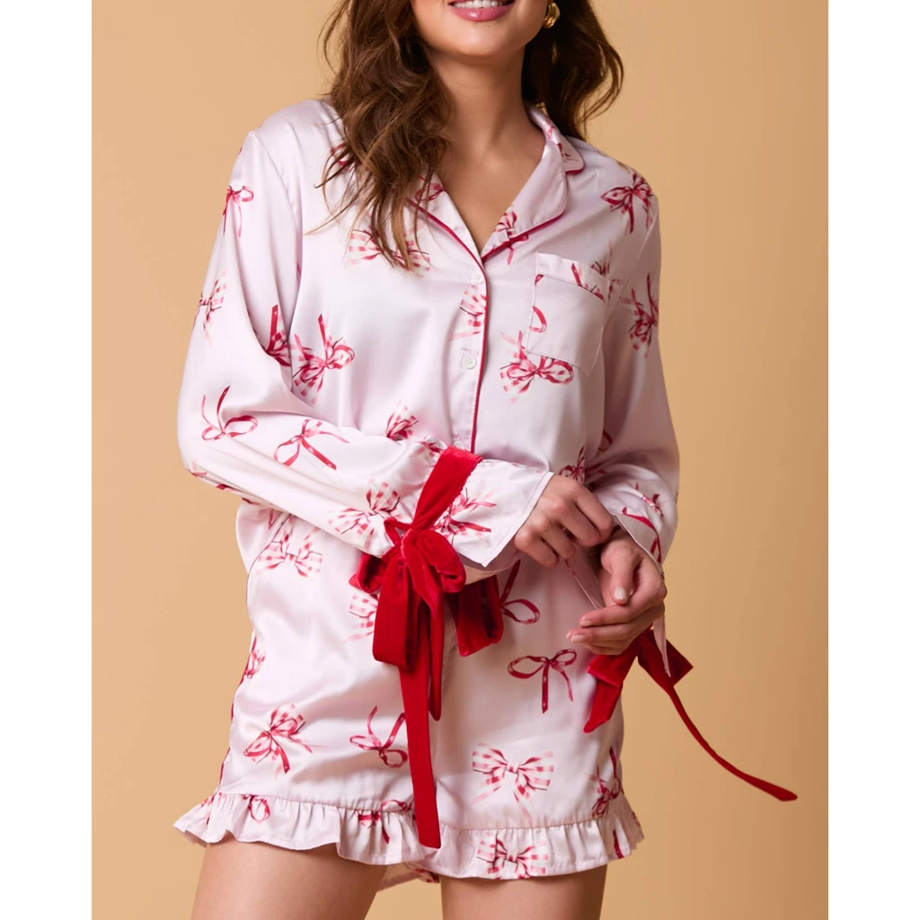 Combhasaki Women 2Piece Satin Ruffle Cuff Pajama Set Long Sleeve Lapel Button-down Shirt+Drawstring Velvet Bow Tied Waist Shorts