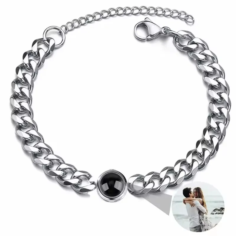 with Personalized Photo Projection Custom Bracelet for Men Women Titanium Steel Cuban Link Chain Bracelet with Picture Inside