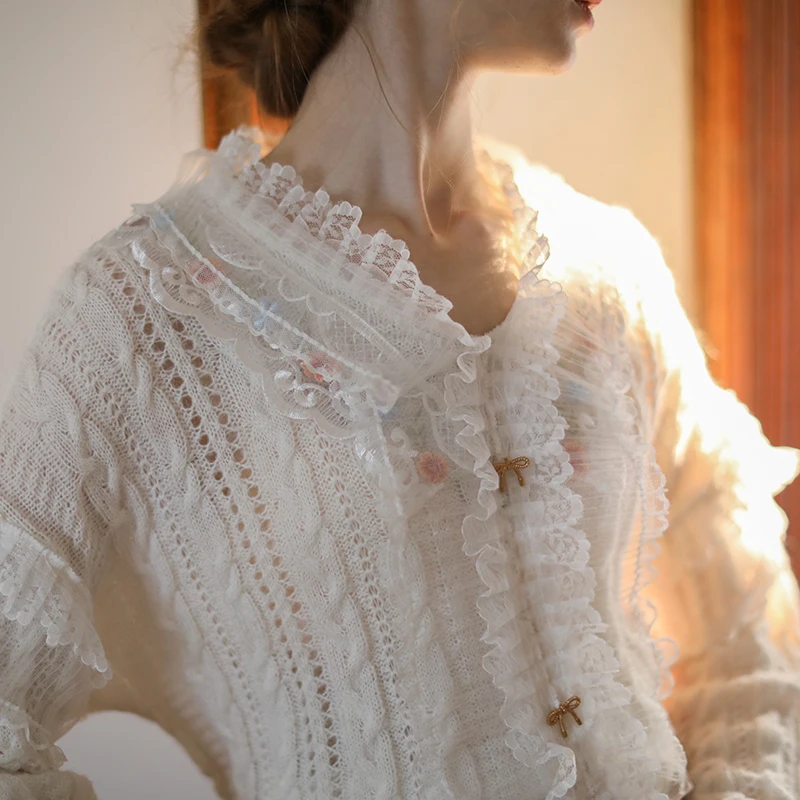 100cm Bust Autumn Spring Women Mori Kei Girl Fashion Handmade Crochet Dimensitonal Flowers Woolen Pullover Sweaters