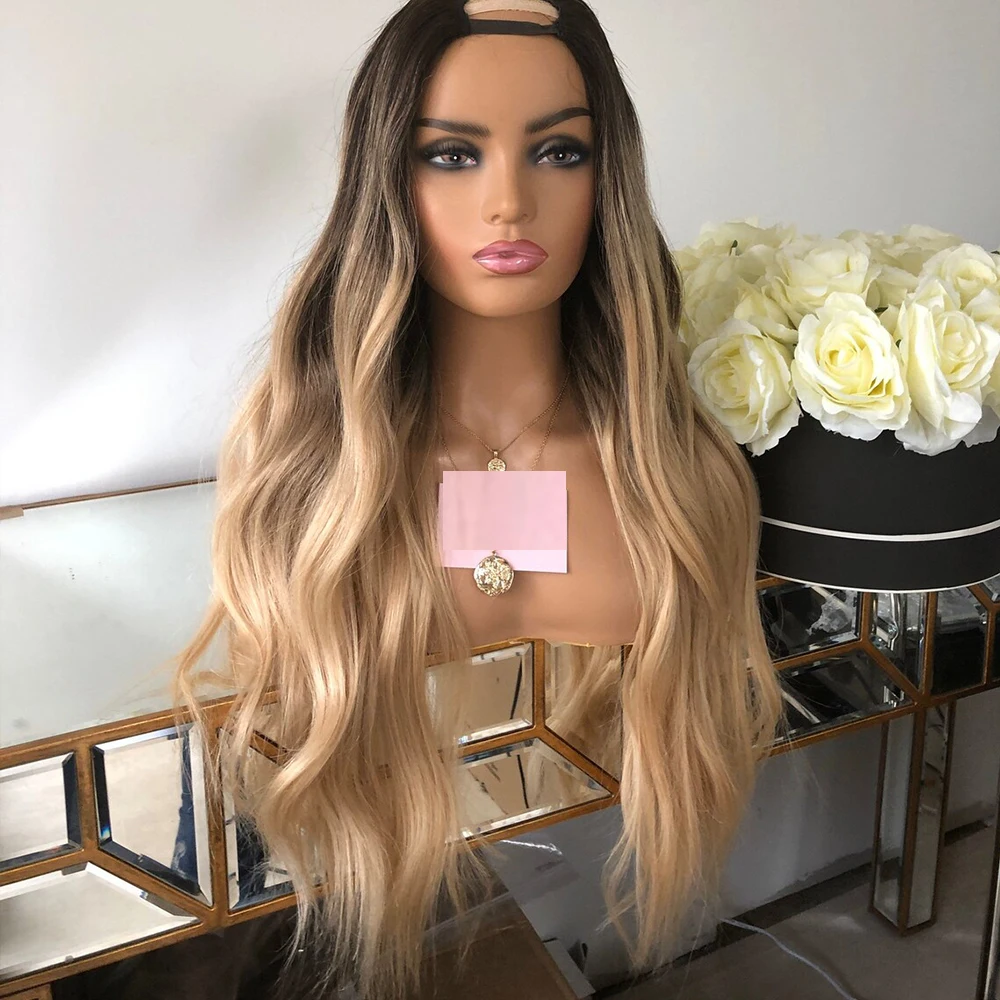 Ombre Honey Golden Blonde Nautral Wave V Part Wigs Unprocesse 100% Virgin Human Hair Highligh Brown Water Wavy U Shape Full End