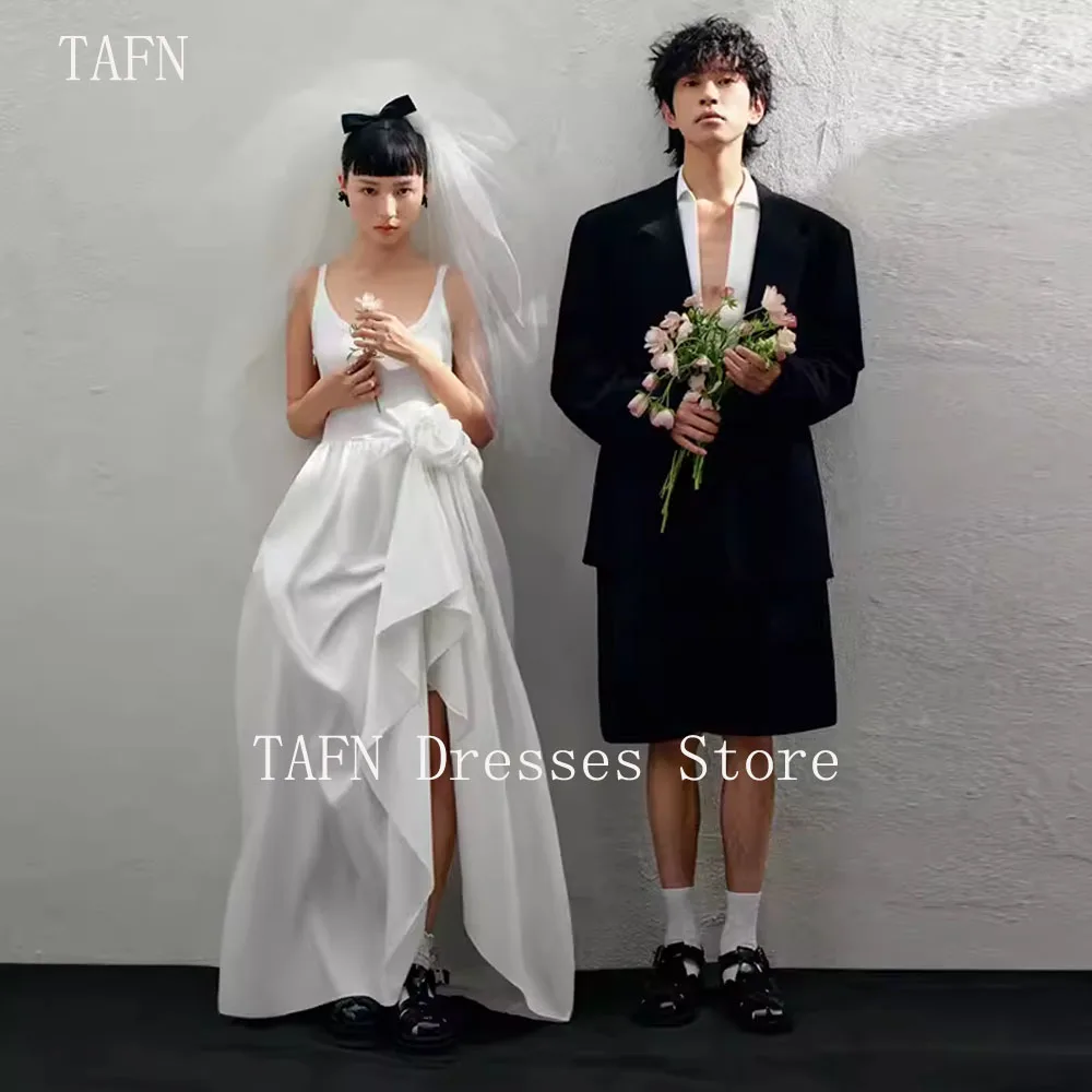 TAFN A-line Simple Wedding Dresses Spaghetti Straps Sleeveless High Slit Draped Handmade Flower Bridal Gown Custom Made