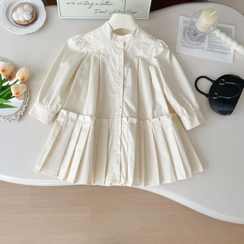 Girls' Long-sleeved Dress 2024 Autumn New Girls' Long-sleeved Solid Color Shirt Pleated Princess Dress 2-8y