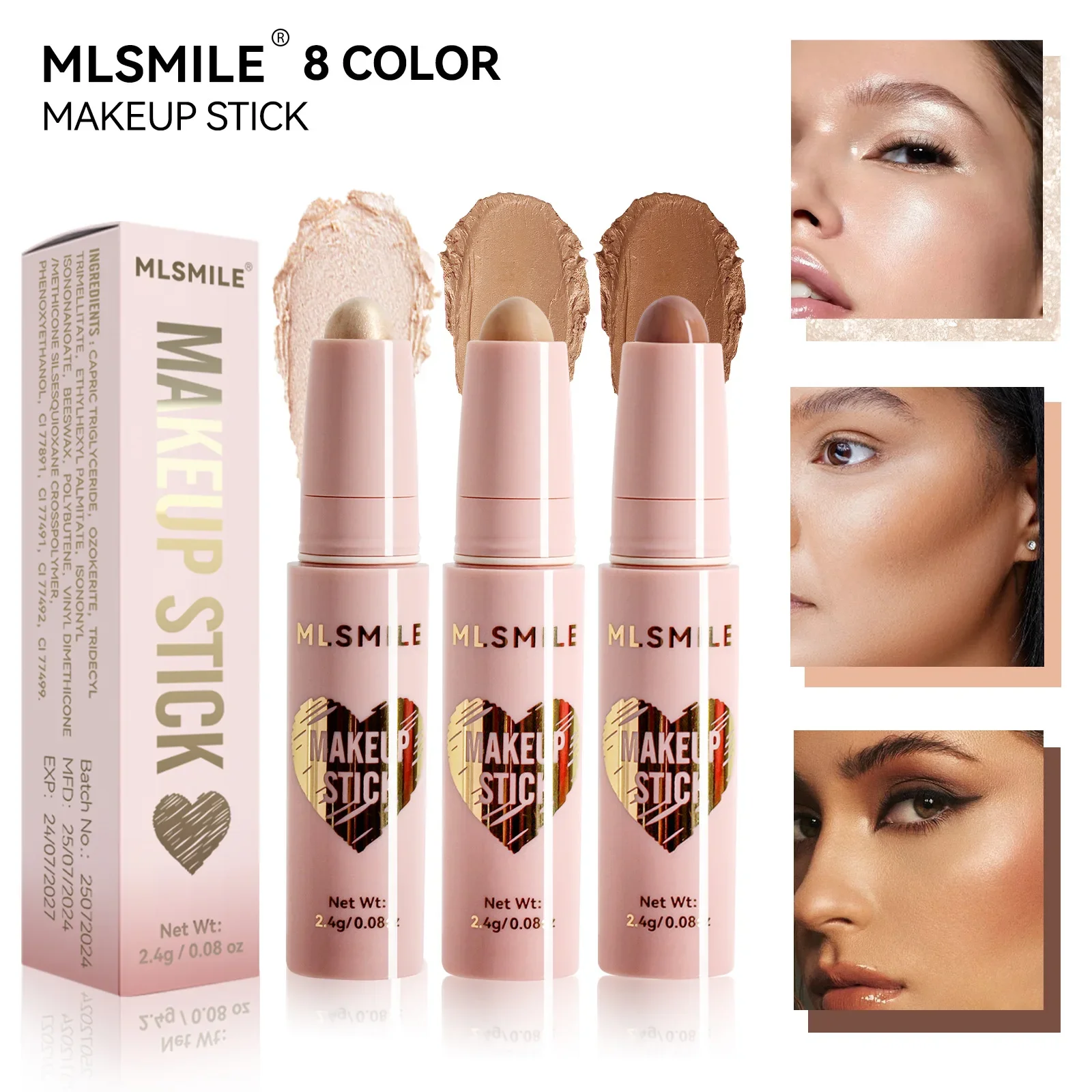 

MLSMILE 8 Color Highlight Contour Stick Waterproof Sweat Proof Easy To Apply Long Lasting Multi-function Makeup Stick 2.4g