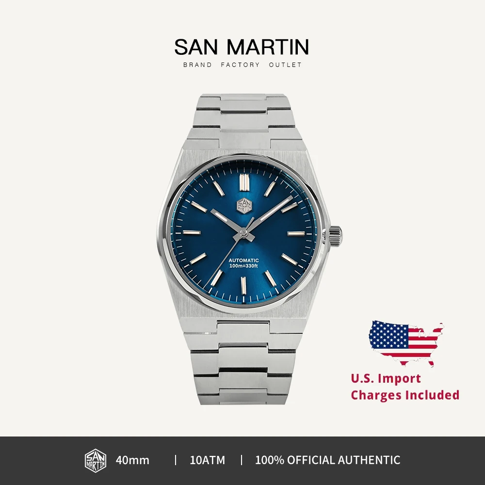 San Martin 남성용 클래식 럭셔리 시계, 스테인리스 스틸, 원피스 미요타 9015, 자동 기계식 손목시계, 사파이어 BGW-9, 10Bar, 40mm