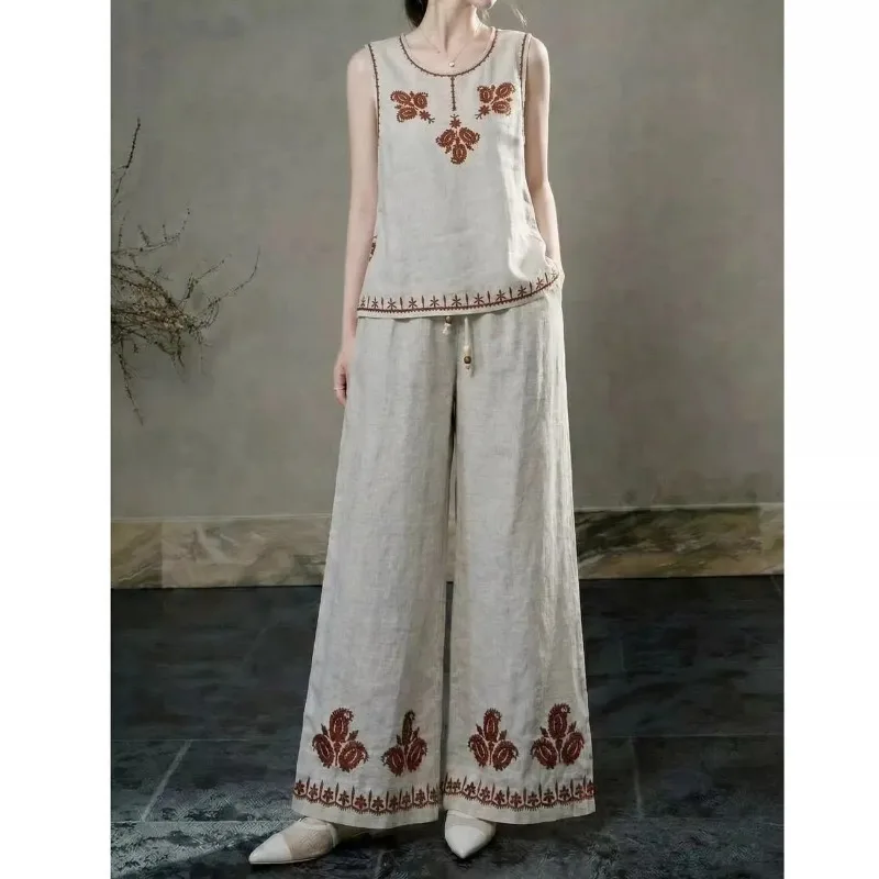 Vintage Linen Two Piece Set Women Embroidered Sleeveless Vest and Wide Leg Pants Suit