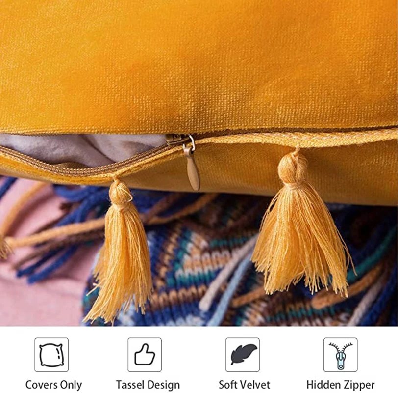 Velvet Soft Solid Decorative Throw Pillow Cover with Tassels Boho Accent Luxury Gift Cushion Case for Couch Bedroom Car Yellow